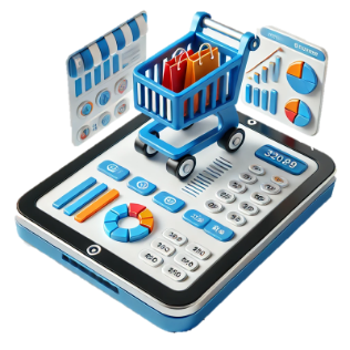 Soluciones para retail Ilustración de carrito de compras sobre una tablet con gráficos y reportes, representando soluciones integradas de SAP Business One para la gestión de ventas, facturación y puntos de venta en el sector retail